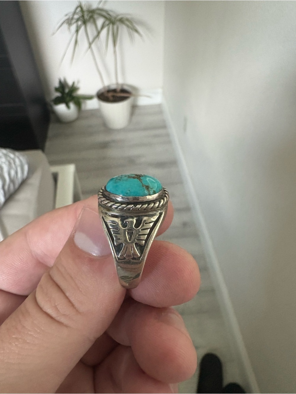 NAVAJO / T. HASTEEN Turquoise Stone STERLING Silver Men's Ring WITH EAGLE